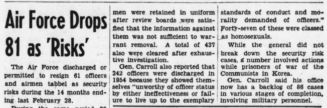"Air Force Drops 81 as 'Risks'", Evening Star April 1955